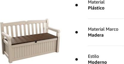 Keter Eden Bench 265L Outdoor 60% recycled Garden Furniture Storage Box Beige & Brown Wood Panel Effect | Fade Free | All Weather Resistant | Safe and Secure | Zero Maintenance | 2 year Warranty
